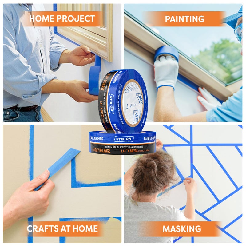 STIX-ON Painters Tape-1.5in / 1.41-inch x 60 yds Masking Tape Rolls - Paint Tape for Wall, Trim, Glass, Metal - Fine Line Tape for Precise Lines, Edges - Residue- Free Blue Painters Tape - Single - Image 3